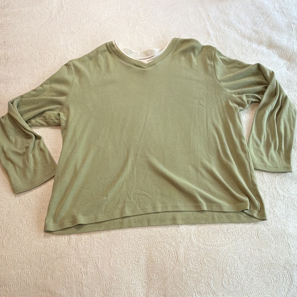 Studio Works Women’s L Green Solid Knit V-Neck 3/4 Sleeve Top Cotton Blend